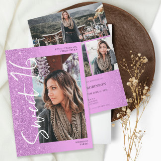 Lila Glitzer ombre Skript 4 Foto Sweet 16 Einladung