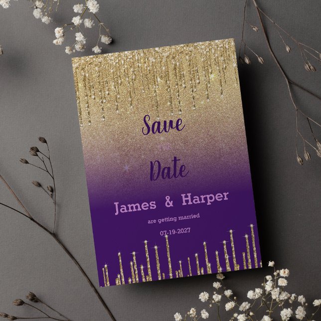 Lila Glitzer ombre Tropfen Skript Save the Date Einladung (Purple gold glitter ombre drip scrip Save the Date)