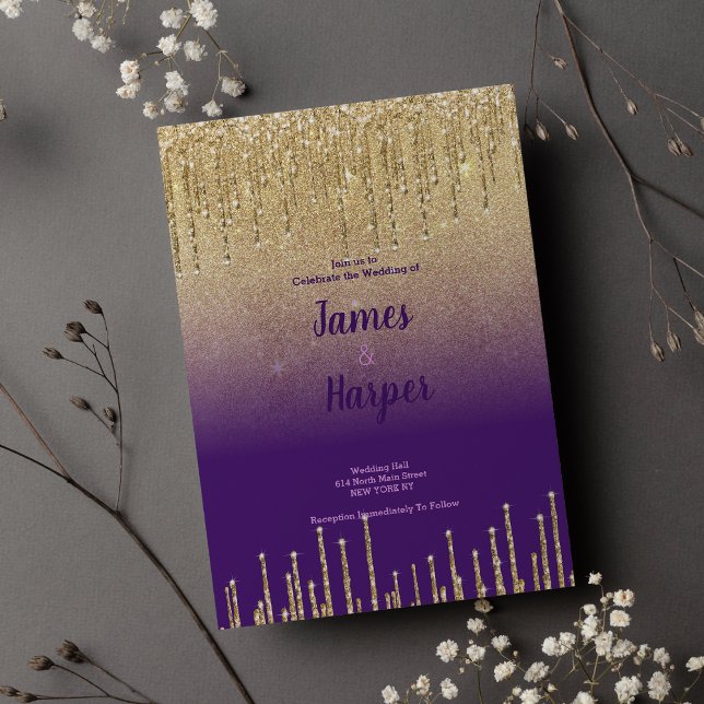 Lila Glitzer ombre Tropfens-Skript Hochzeit Einladung (Purple gold glitter ombre drips script Wedding)