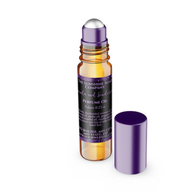 Lila Glitzer Parfümerrollen Flaschenetikett Quadratischer Aufkleber (Von Creator hochgeladen)