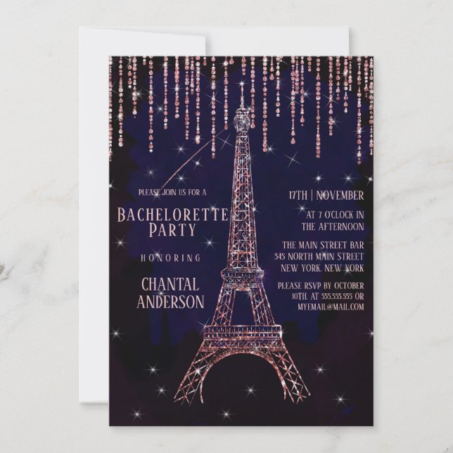 Lila Glitzer Paris Eiffel Tower Bachelorette Einladung (Vorderseite)