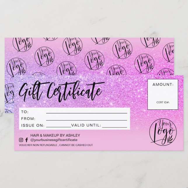 Lila Glitzer pink-schick Geschenkzertifikat (Vorne/Hinten)