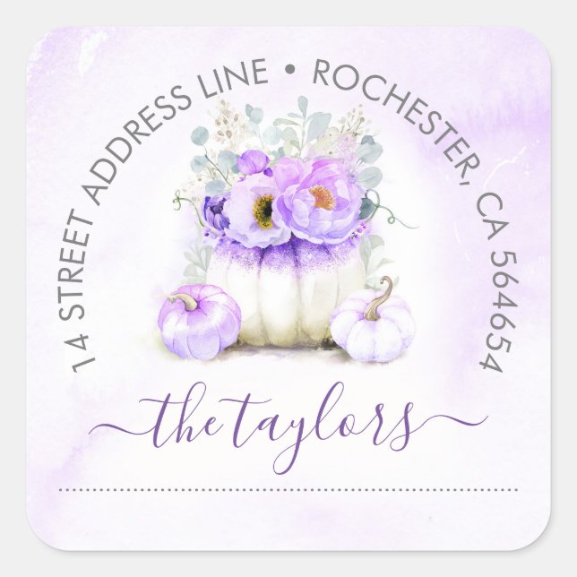 Lila Glitzer Pumpkin Fall Party-Adresse Quadratischer Aufkleber (Vorderseite)