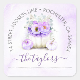 Lila Glitzer Pumpkin Fall Party-Adresse Quadratischer Aufkleber