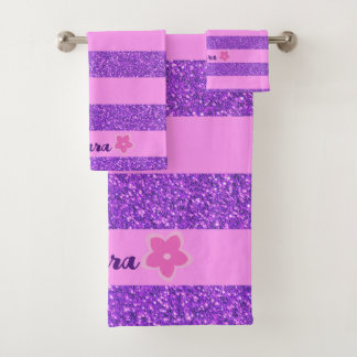 Lila Glitzer Rosa Streifen und Blume für kundenspe Badhandtuch Set