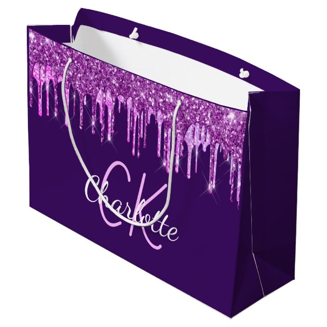 Lila Glitzer Rosa Tropfen Monogramm Große Geschenktüte (Rückseite Schrägansicht)
