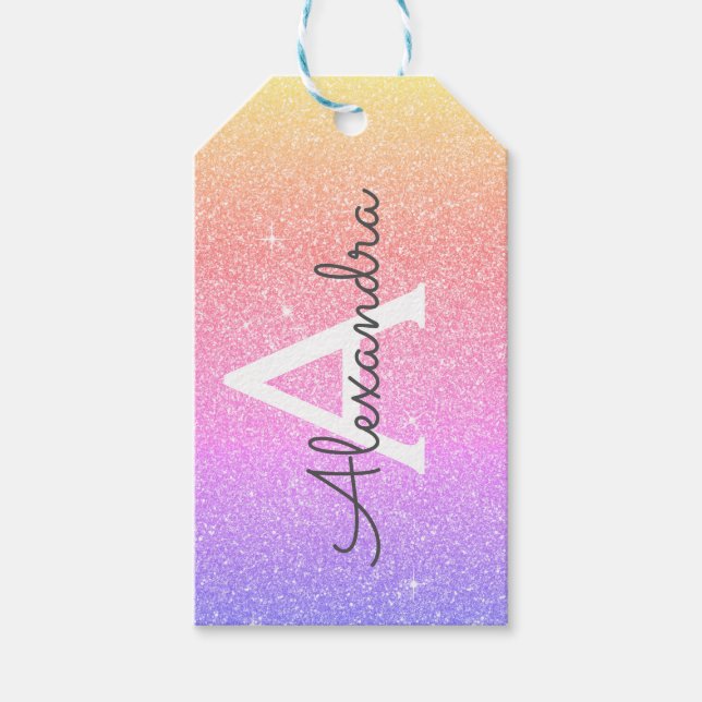 Lila Glitzer, rosa und dunkle Monogramm Geschenkanhänger (Vorderseite)