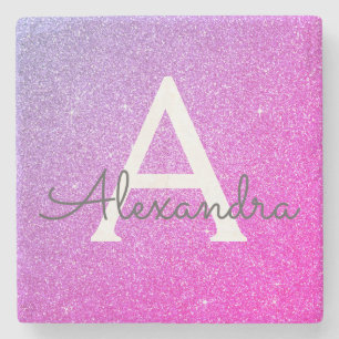 Lila Glitzer, rosa und dunkle Monogramm Steinuntersetzer