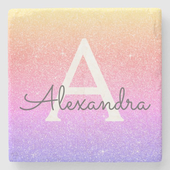 Lila Glitzer, rosa und dunkle Monogramm Steinuntersetzer (Vorderseite)