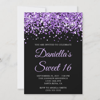 Lila Glitzer Schwarzer Sweet 16 Einladung