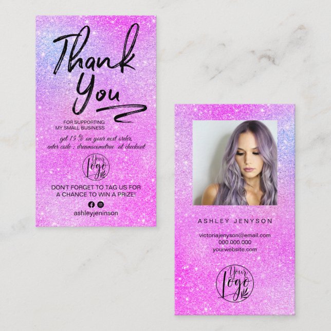 Lila Glitzer Script Foto Logo-Bestellung Vielen Da Visitenkarte (Vorne/Hinten)