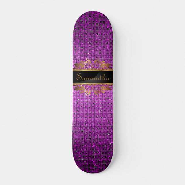 Lila Glitzer Sequin Disco Alte Schule Skateboard (Vorne)