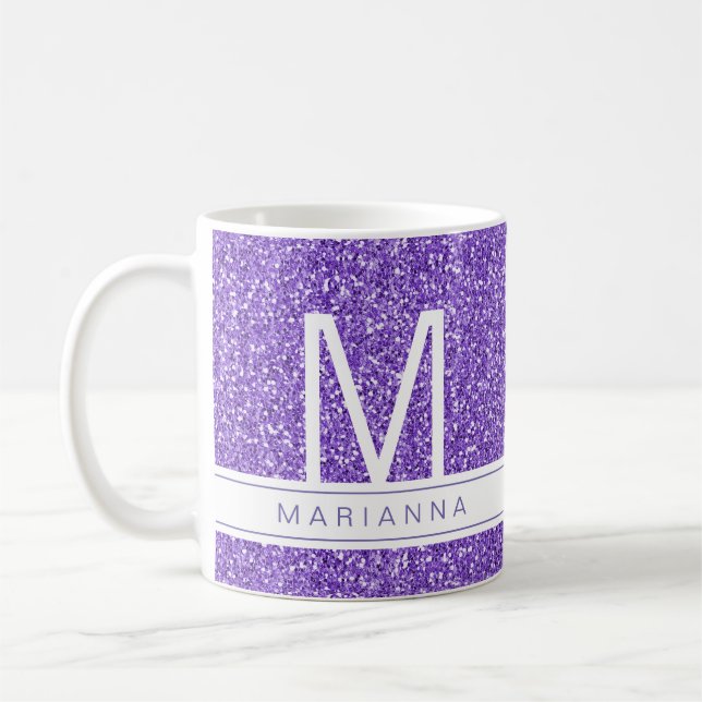 Lila Glitzer Sparkle Monogram Individuelle Name Kaffeetasse (Links)