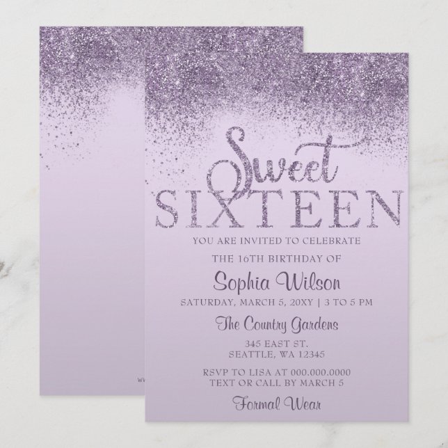 Lila Glitzer Sparkle Sweet 16 Geburtstag Einladung (Vorne/Hinten)