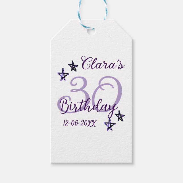 Lila Glitzer Stars 30. Geburtstag modernes Retro Geschenkanhänger (Vorderseite)