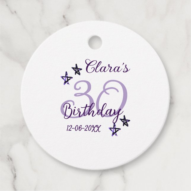 Lila Glitzer Stars 30. Geburtstag modernes Retro Geschenkanhänger (Vorderseite)
