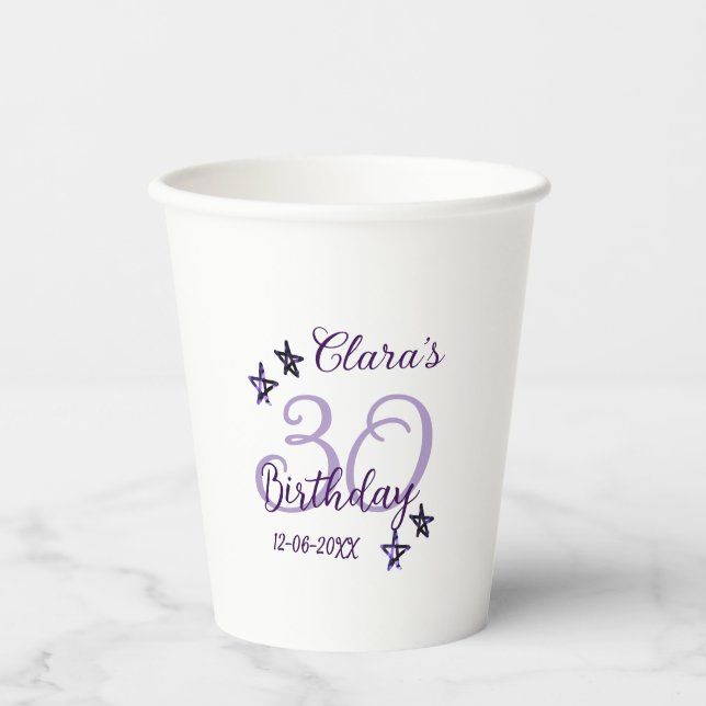 Lila Glitzer Stars 30. Geburtstag modernes Retro Pappbecher (Vorderseite)