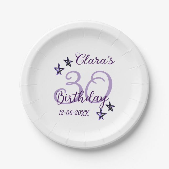 Lila Glitzer Stars 30. Geburtstag modernes Retro Pappteller (Vorderseite)