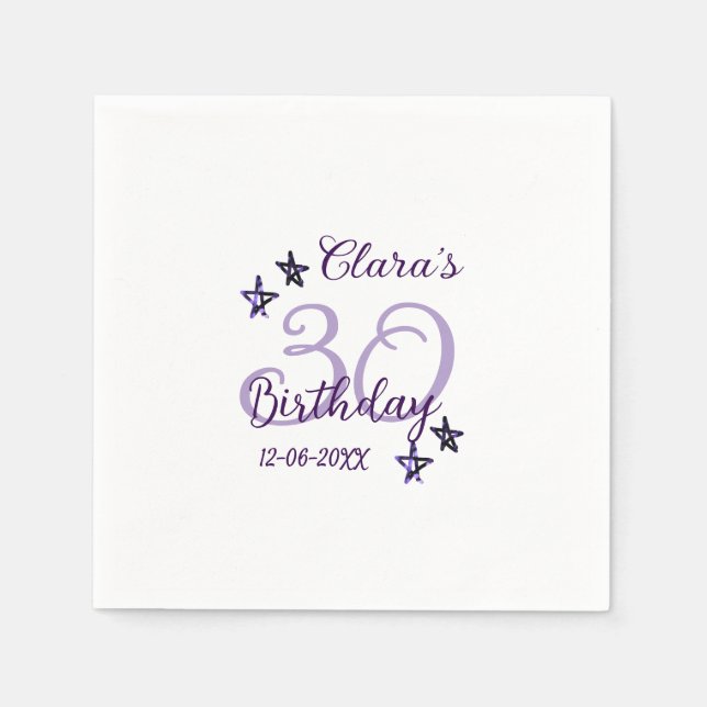 Lila Glitzer Stars 30. Geburtstag modernes Retro Serviette (Vorderseite)