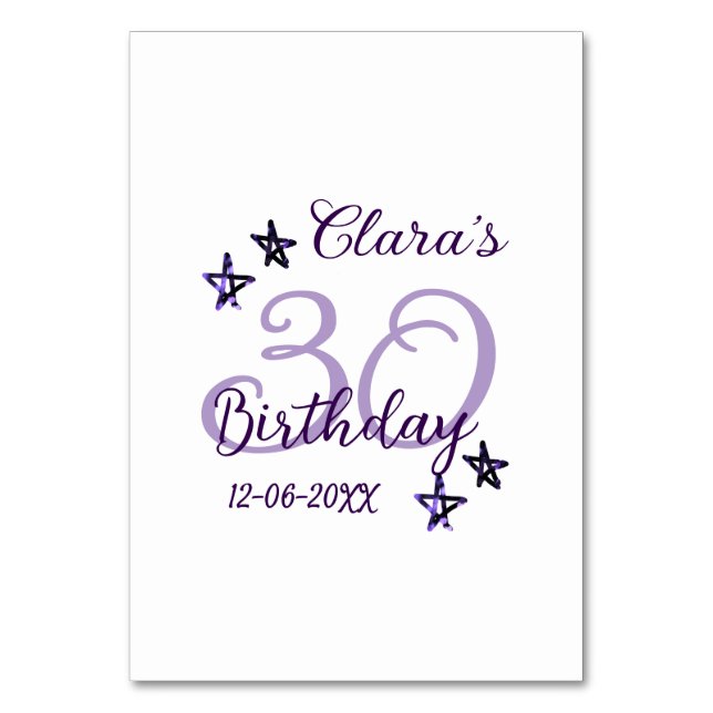 Lila Glitzer Stars 30. Geburtstag modernes Retro Tischnummer (Vorderseite)