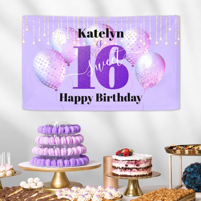 Lila Glitzer Sweet 16 Birthday Balloons Script Banner (Von Creator hochgeladen)