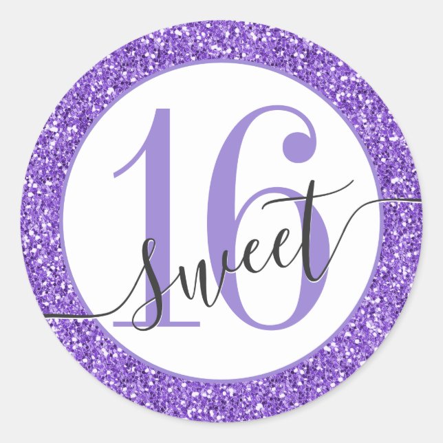 Lila Glitzer Sweet 16 Gefallen Sticker Siegel (Vorderseite)