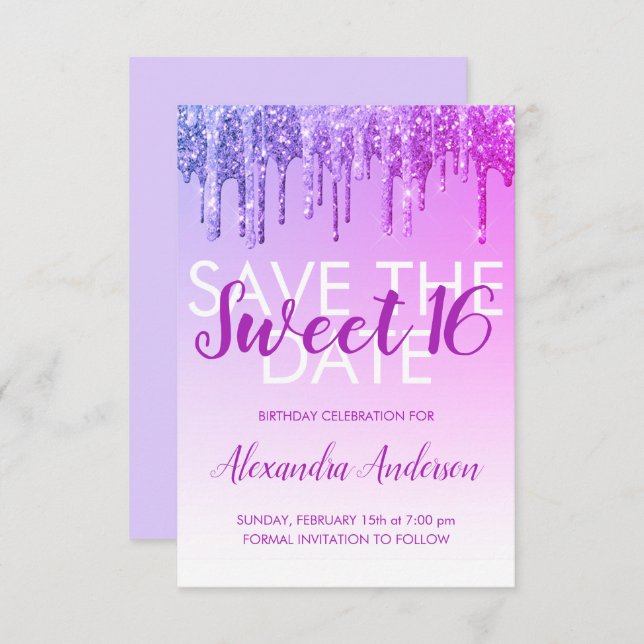 Lila Glitzer Sweet 16 Save the Date Einladung (Vorne/Hinten)