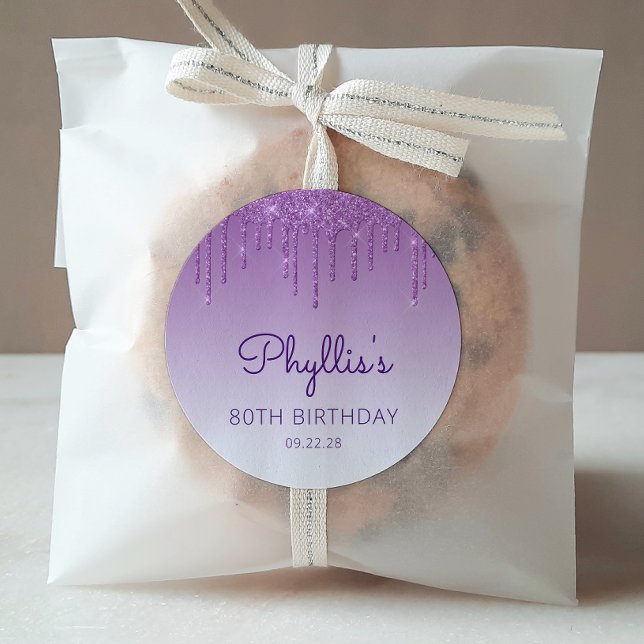 Lila Glitzer Tropfen 80. Geburtstag Runder Aufkleber (Von Creator hochgeladen)