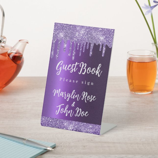 LILA GLITZER TROPFEN ELEGANT WEDD SOCKELSCHILD (In SItu)