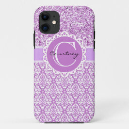 Lila Glitzer u. Damast w/Name u. Anfangsabdeckung Case-Mate iPhone Hülle