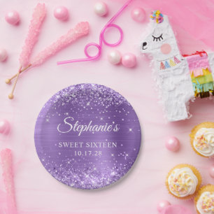 Lila Glitzer und Foil 16 . Geburtstag Pappteller