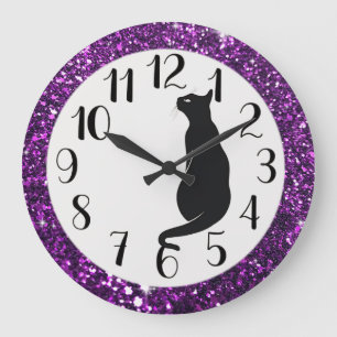 Lila Glitzer und Schwarze Katze Große Wanduhr