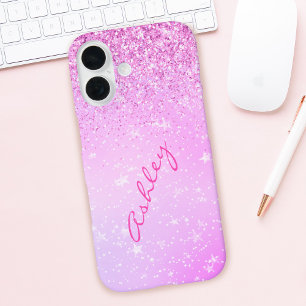 Lila Glitzer- und Weißsteine, Name des Skripts iPhone 16 Hülle
