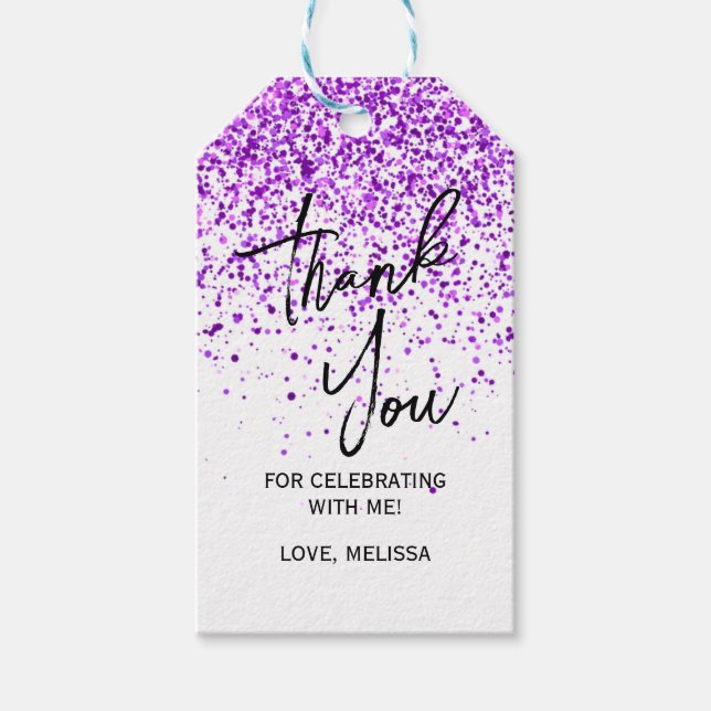 Lila Glitzer White Geburtstag Danke Geschenkanhänger (Vorderseite)