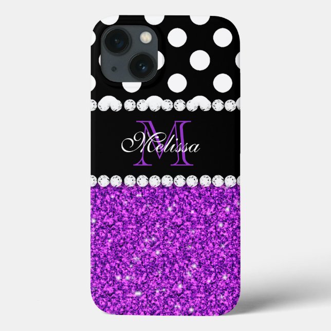 Lila Glitzer White Polka Dots Mit Monogramm Case-Mate iPhone Hülle (Rückseite)