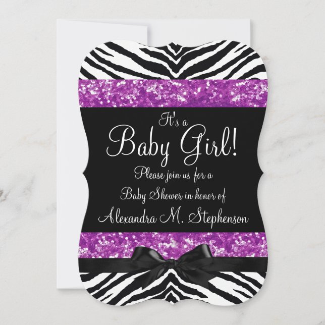 Lila Glitzer Zebra Bow Baby Shower Girl Einladung (Vorderseite)