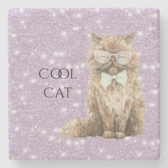 Lila Glitzerbraune Cool Cat Brille   Steinuntersetzer (Vorderseite)