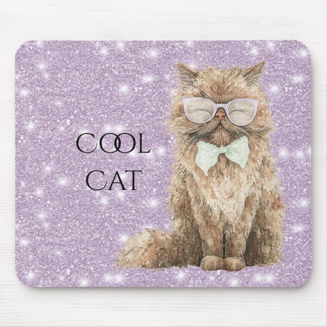 Lila Glitzerbraune Coole Katzenbrille   Mousepad (Vorne)