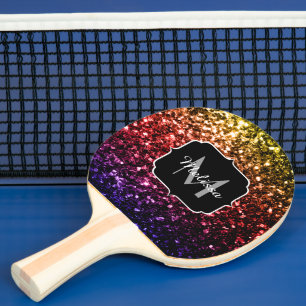 Lila Glitzern mit Regenbogengelb, Monogramm Tischtennis Schläger