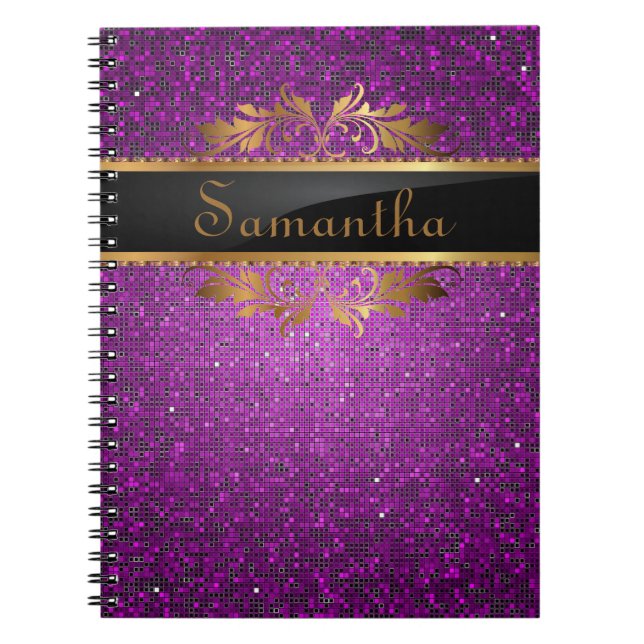 Lila Glitzersequin-Discoglitz-gewundenes Notizbuch Notizblock (Vorderseite)
