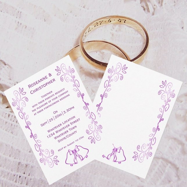 Lila Glocken-Scrollwork-Hochzeit Einladung (Purple wedding invitation bells and scrollwork design)