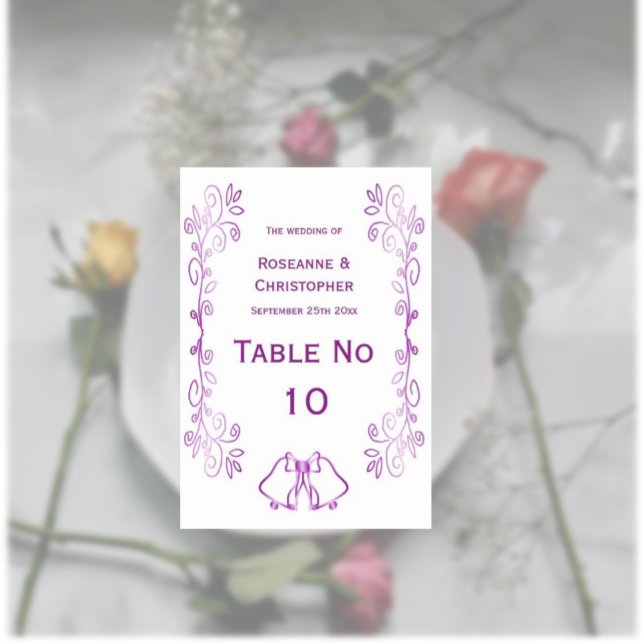 Lila Glocken-Scrollwork-Hochzeit Tischnummer (Purple wedding table number card bells and scrollwork design)