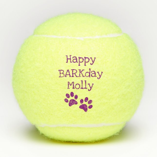 Lila glückliches Barkday Tennisbälle (Vorderseite)