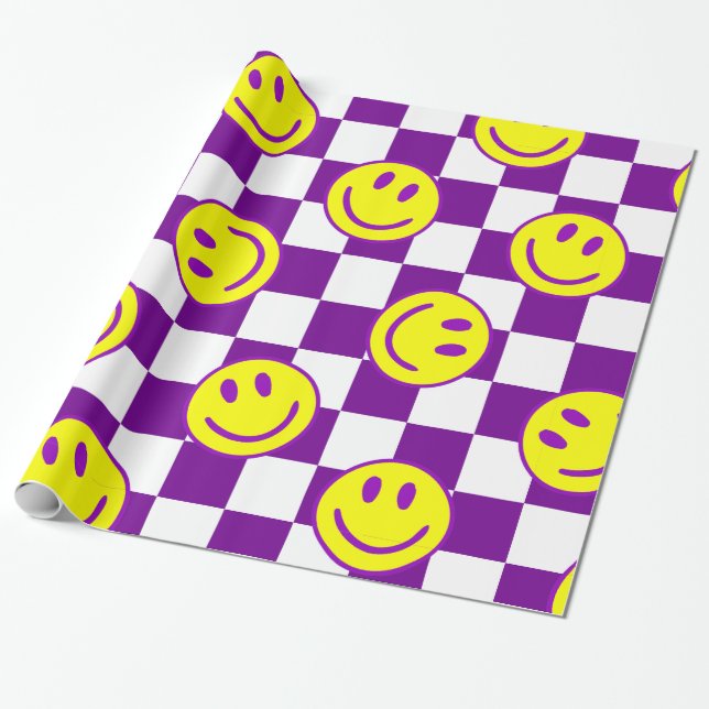 lila glückliches Gesicht check groovy Geschenkpapier (Ungerollt)