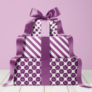 Lila Glückliches Gesicht Streifen und Punkte Geschenkpapier Set
