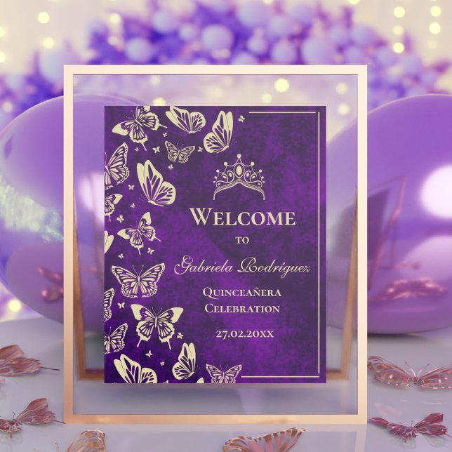 Lila Gold 15. Geburtstag Quinceañera Willkommen Poster (Purple Gold 15th Birthday Quinceañera Welcome Poster)