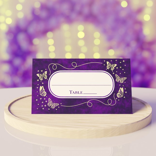 Lila Gold 15 Jahre Alte Quinceñera Schmetterlinge Platzkarte (Purple Gold 15 Years Old Quinceañera Butterflies Place Card)