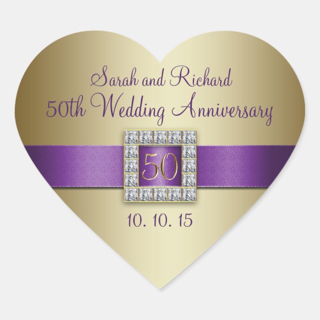 Lila Gold 50. Wedding Anniversary Heart Sticker (Vorderseite)
