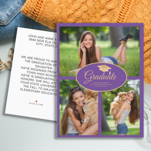 Lila Gold Abschluss Foto Class 2024 Ankündigungspostkarte (Purple and gold graduation cap  announcement photo card)