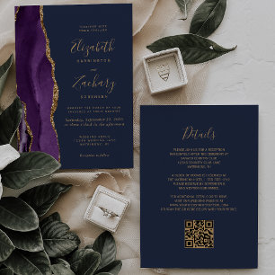 Lila Gold Achat Navy Blau QR Code Hochzeit Einladung